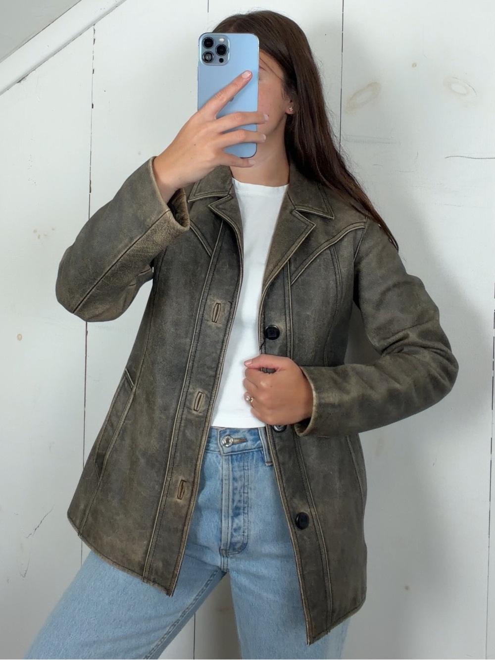American Eagle Gray Patina Genuine Leather Jacket Womsns Small Button Front Y2K